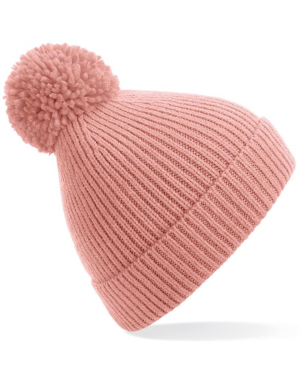 Engineered knit ribbed pom pom beanie