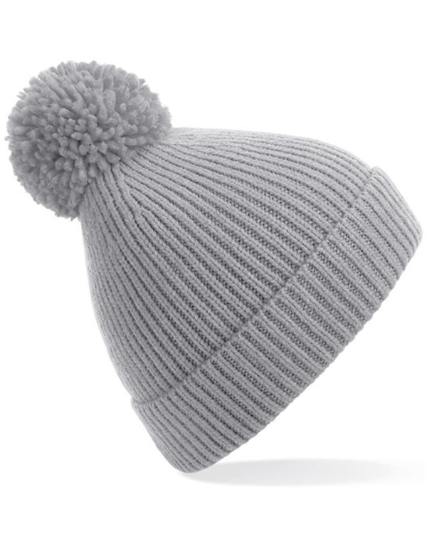 Engineered knit ribbed pom pom beanie